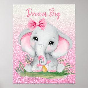 Póster Elefante niña purpurina rosa sueña grande lindo  