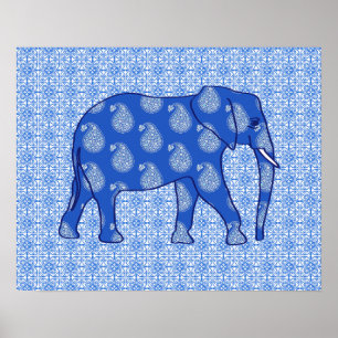 Póster Elefante paisley - azul cobalto y blanco