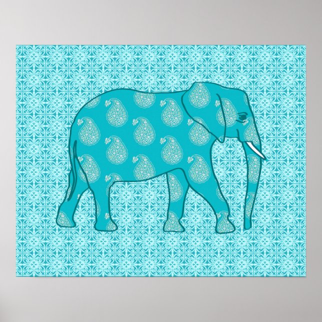 Póster Elefante paisley - turquesa y aqua (Frente)