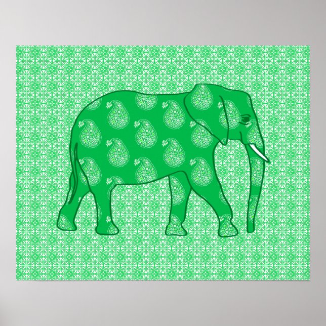 Póster elefante paisley - verde jade y blanco (Frente)