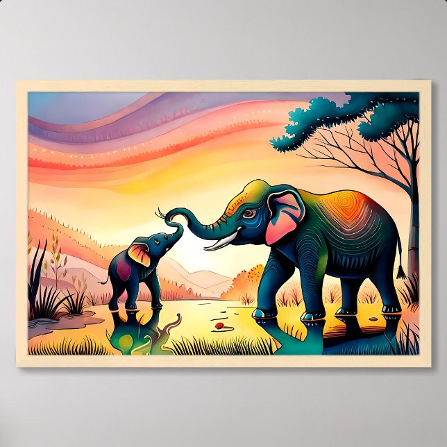 Póster elefante pintando niños en la india (elephant painting india child mother happy life)