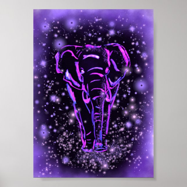 Póster Elefante Poster Caminando Noche estrellada rosada  (Frente)