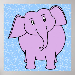 Póster Elefante Púrpura Personalizado. Fondo Floral Azul.