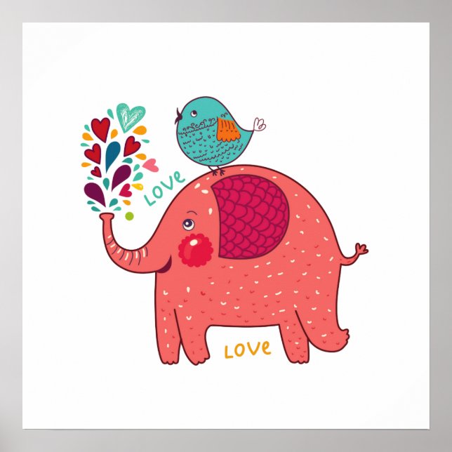 Póster Elefante Rojo Y Ave (Frente)