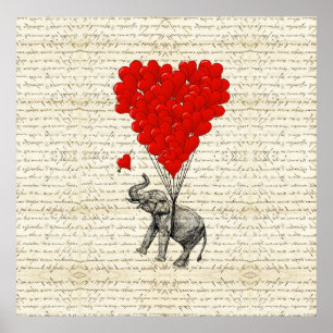 Póster Elefante romántico y globos cardíacos