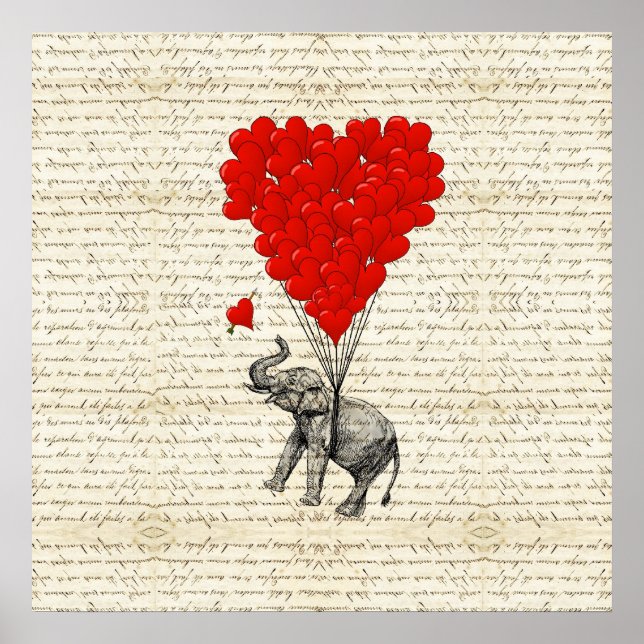 Póster Elefante romántico y globos cardíacos (Frente)