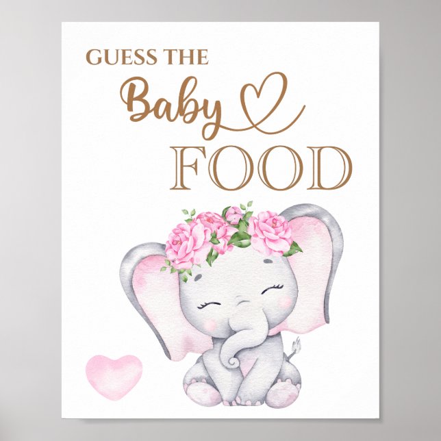 Póster Elefante rosa Baby Shower adivina comida para bebé (Frente)