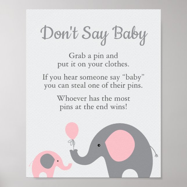Póster Elefante rosa Baby Shower no dice Rótulo de juego  (Frente)