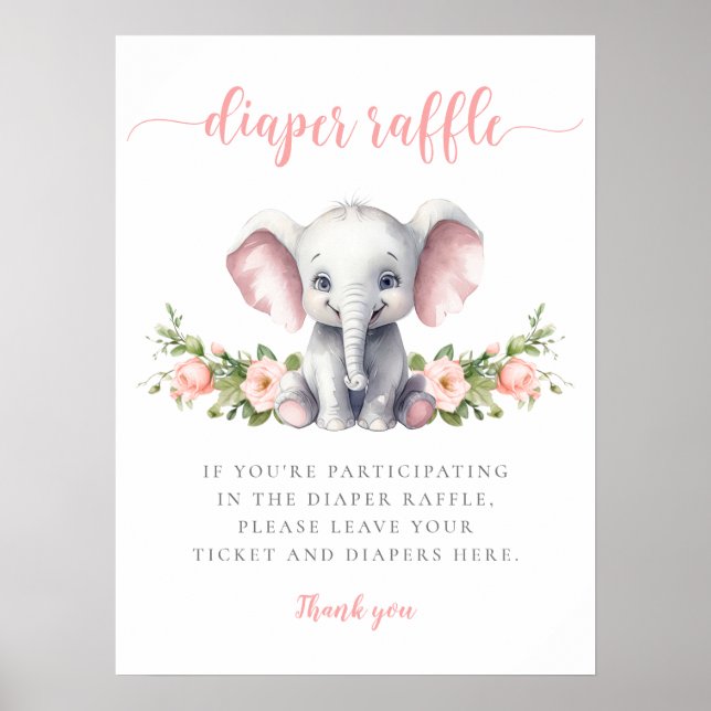 Póster Elefante Rosa Bebé Chica Ducha Diaper Raffle (Frente)