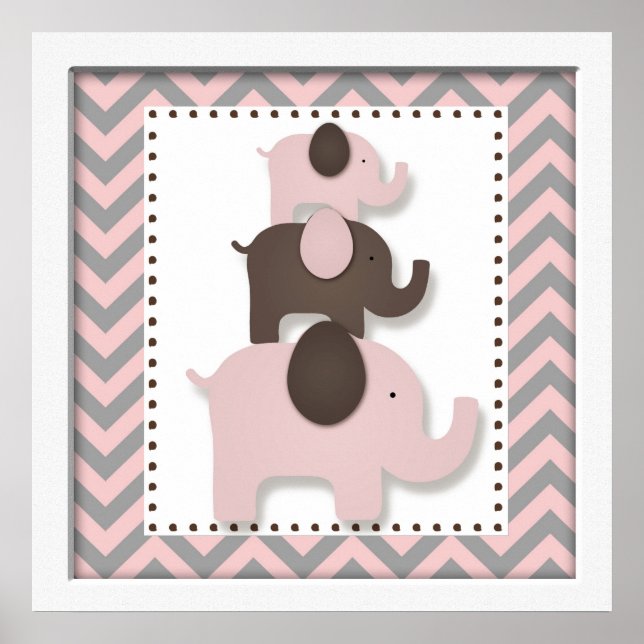 Póster Elefante rosa Chevron Nursery Wall Art (Frente)