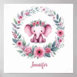 Póster Elefante rosa con corona floral