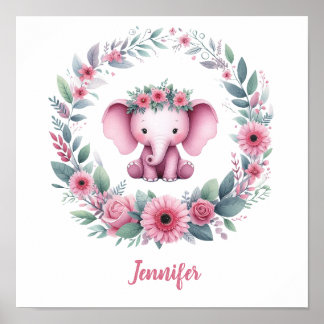 Póster Elefante rosa con corona floral
