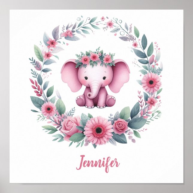 Póster Elefante rosa con corona floral (Frente)