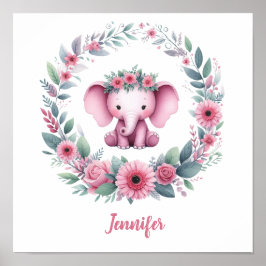 Póster Elefante rosa con flor