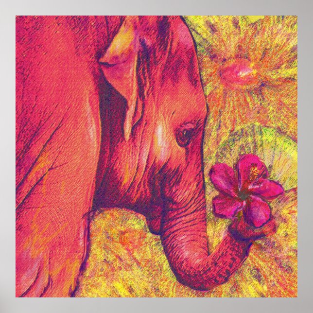 Póster elefante rosa con hibisco (Frente)