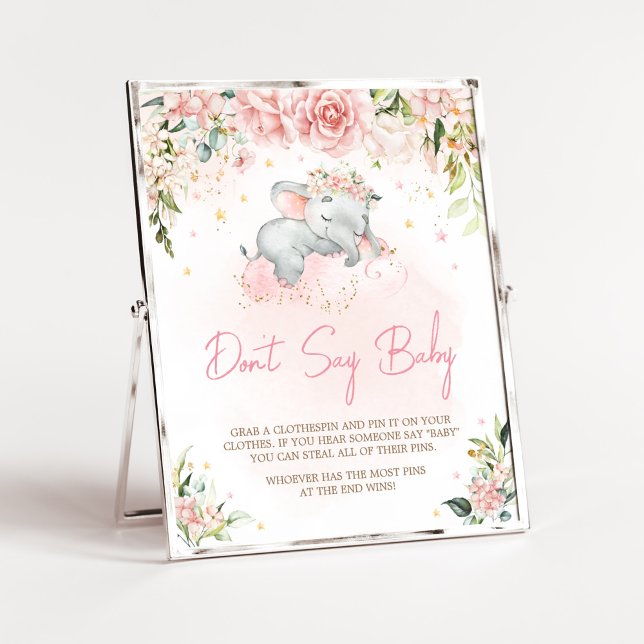 Póster Elefante rosa floral Baby Shower no dice bebé (Pink Floral Sleeping Elephant Baby Shower Don't Say Baby Sign)