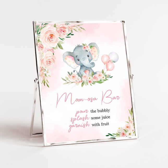 Póster Elefante rosa Floral Balón Mamá Osa Bar (Floral Balloon Elephant Baby Shower Mom Osa Bar Sign)