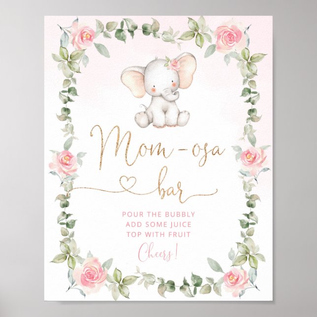 Póster elefante rosa floral Poster de bar mamá-osa (Frente)