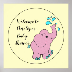 Póster Elefante rosa lindo con tu nombre Baby Shower