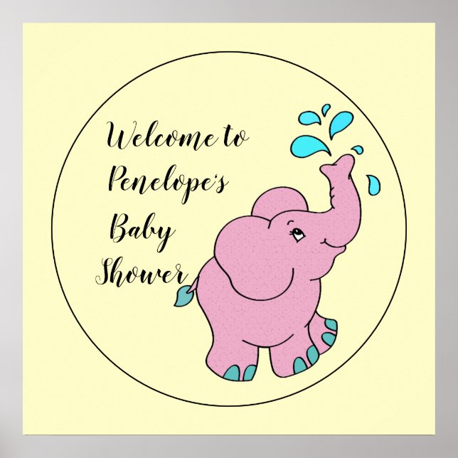 Póster Elefante rosa lindo con tu nombre Baby Shower (Frente)