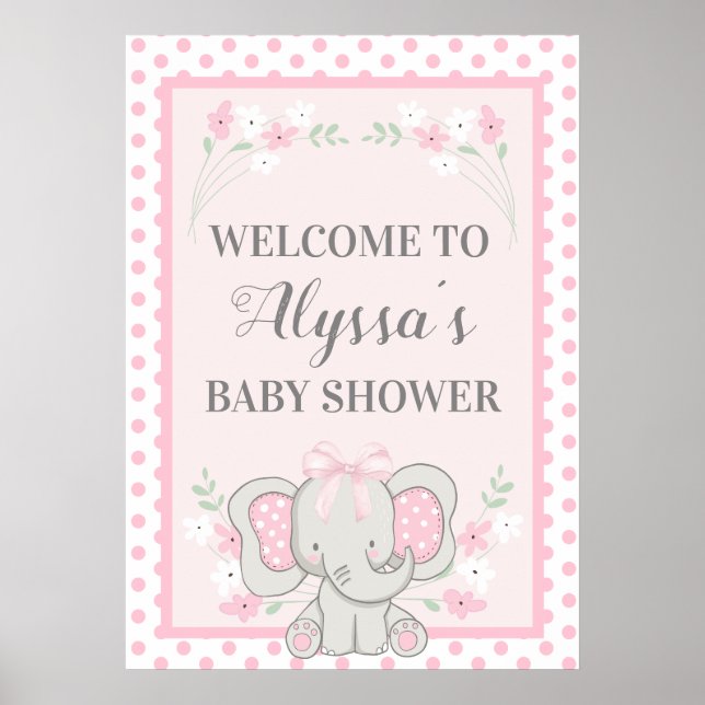 Póster Elefante rosa lindo Polka puntos Flores Baby Showe (Frente)