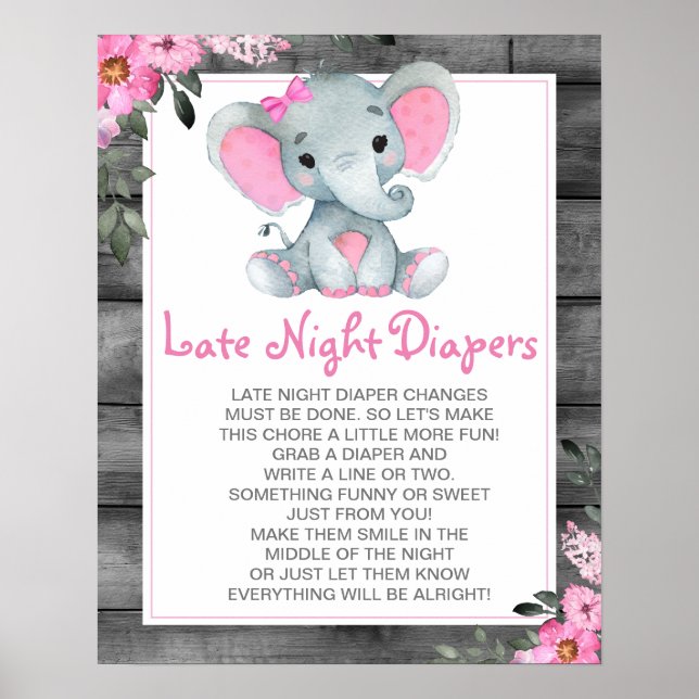 Póster Elefante Rosa Noche Tarde Diapers Rótulo Baby Show (Frente)