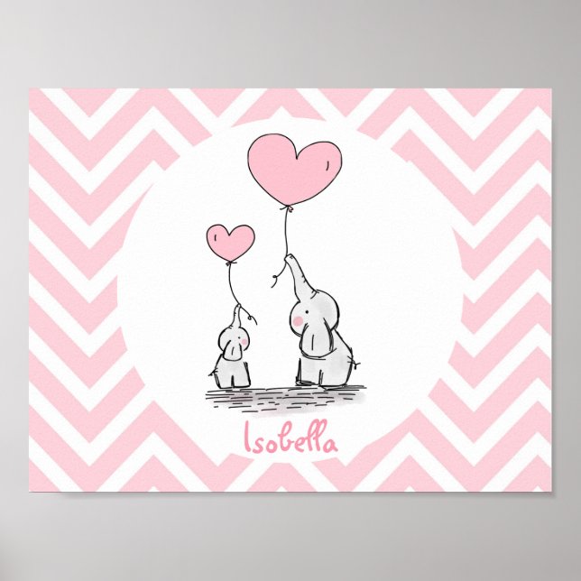 Póster Elefante Rosa Pastel Personalizado Bebé Niña (Frente)