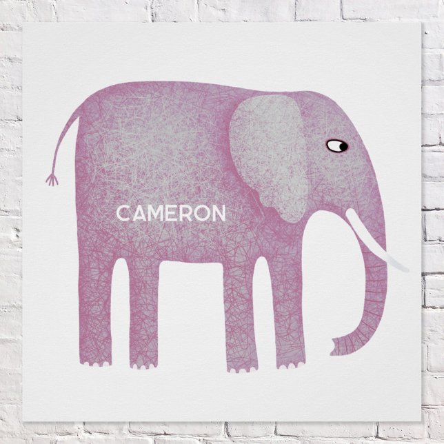 Póster Elefante rosa personalizado acuarela (Fun personalized kid's name pink elephant nursery decor poster)