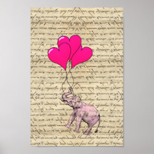 Póster Elefante rosa sosteniendo globos