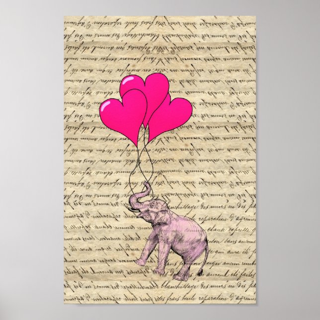 Póster Elefante rosa sosteniendo globos (Frente)