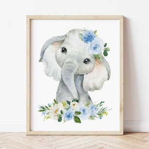 Póster Elefante, Safari, Flores azules, niñera