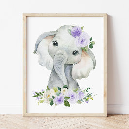 Póster Elefante, Safari, Flores púrpuras, Neutralidad de