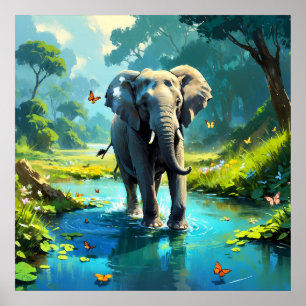 Póster Elefante soñador con mariposas en el río