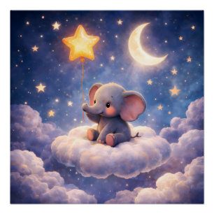 Póster Elefante soñador y estrellas de medianoche cuadrad