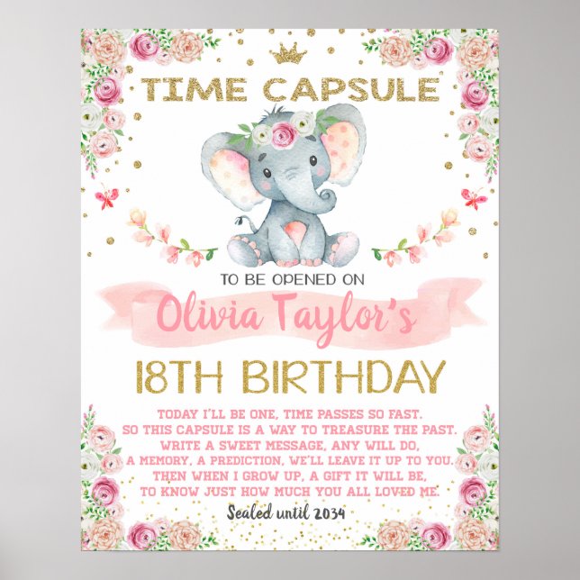 Póster Elefante tiempo floral Cápsula primer cumpleaños (Frente)
