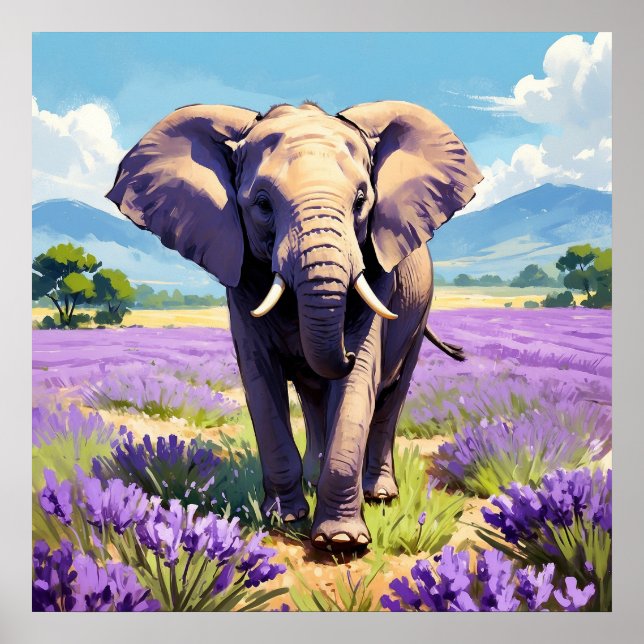 Póster Elefante único caminando en la pintura de campo de (Frente)
