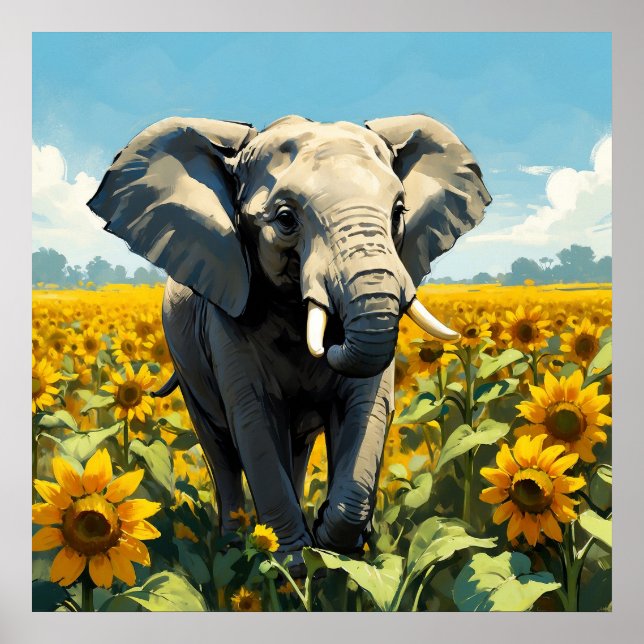Póster Elefante vibrante en la pintura de campos de giras (Frente)