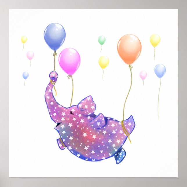 Póster Elefante volando con Poster de globos coloridos (Frente)