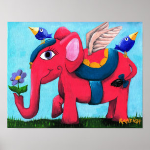 Póster Elefante volante rosa