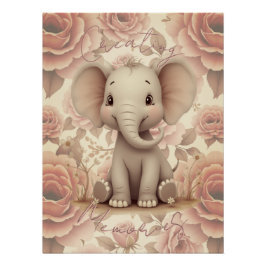 Póster Elefante y Floral en Pastel Suave