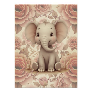 Póster Elefante y Floral en Pastel Suave