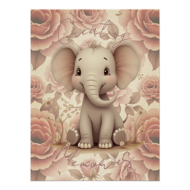Póster Elefante y Floral en Pastel Suave (Anverso)