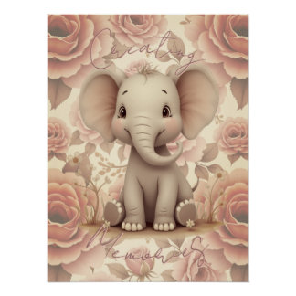 Póster Elefante y Floral Suave Pastel
