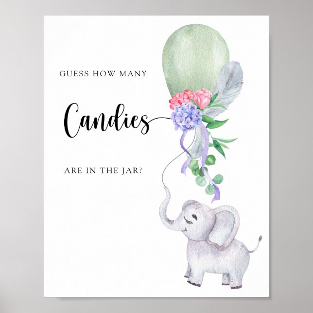 Póster Elefante y globo - adivinen cuántos caramelos (Frente)