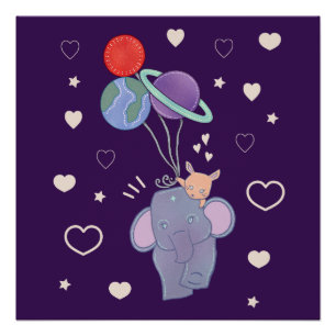 Póster Elefante y Paseo en Globo Espacial de Conejo   Cap