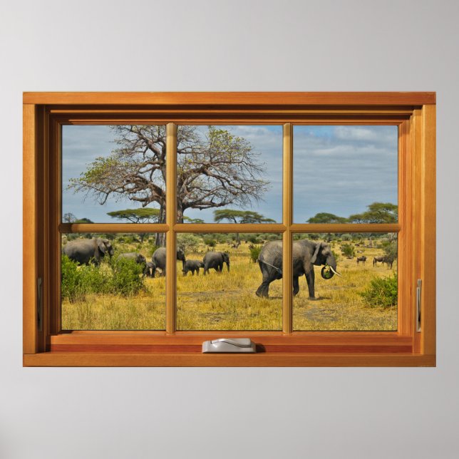 Póster Elefantes Africanos 6 Panel Ilusión de ventana de  (Frente)