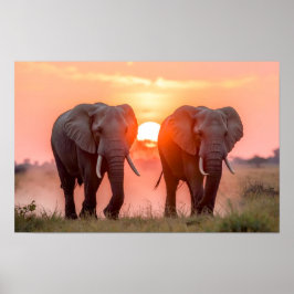 Póster Elefantes Caminando en Puesta de Sol