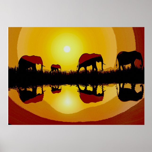 Póster Elefantes de la puesta de sol africana (Frente)