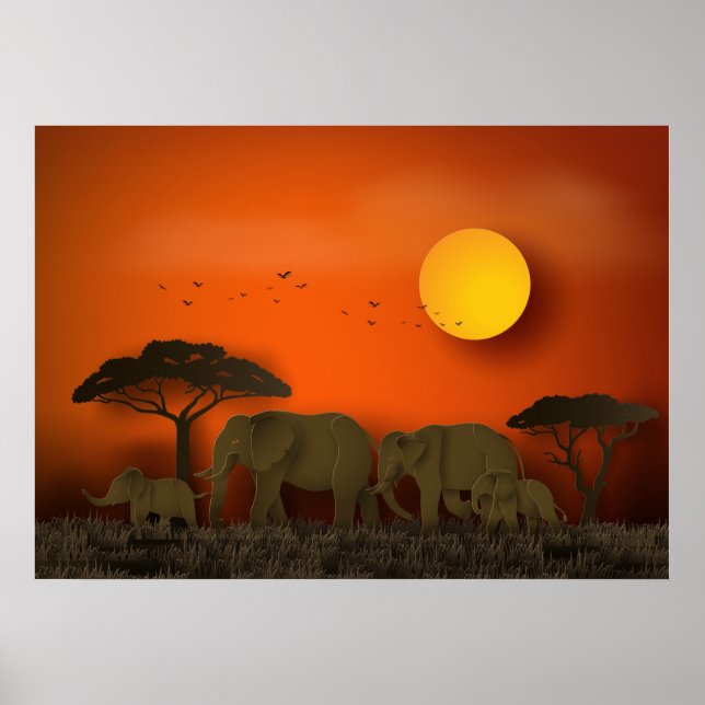 Póster Elefantes de sabana africana al atardecer (Frente)