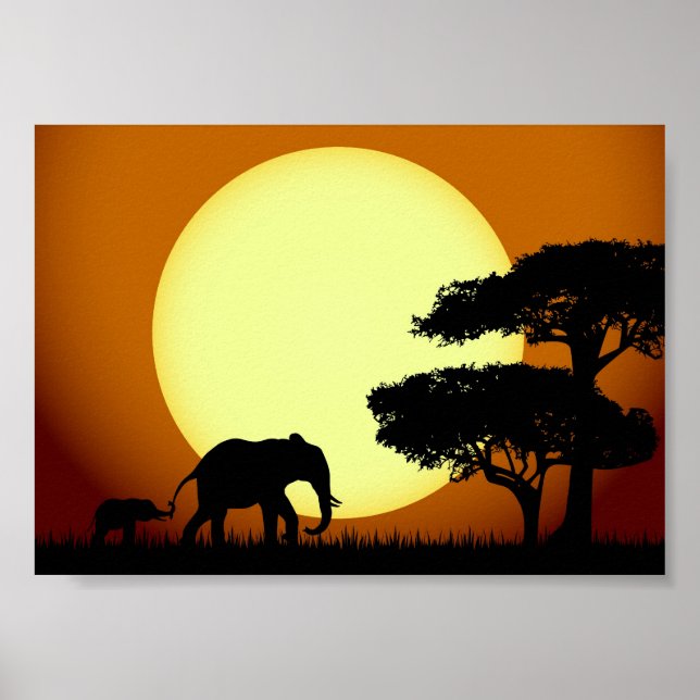 Póster Elefantes de Safari al atardecer (Frente)